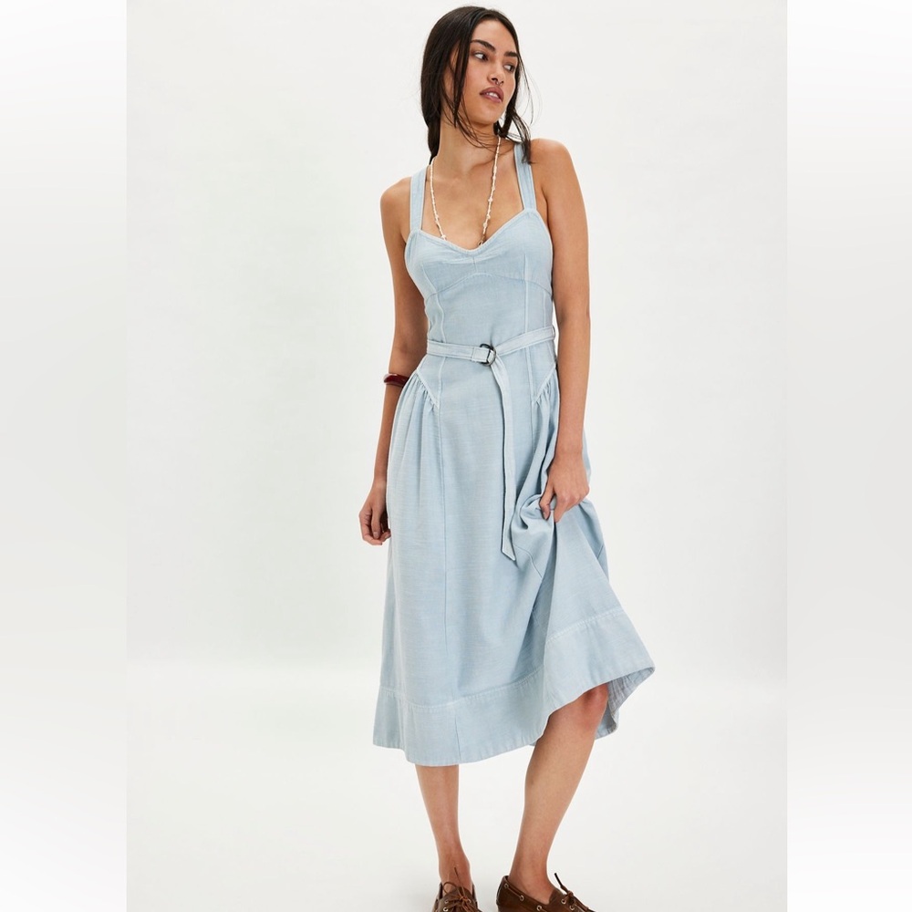 Free People Merrick Light Blue Midi Dress with Belt